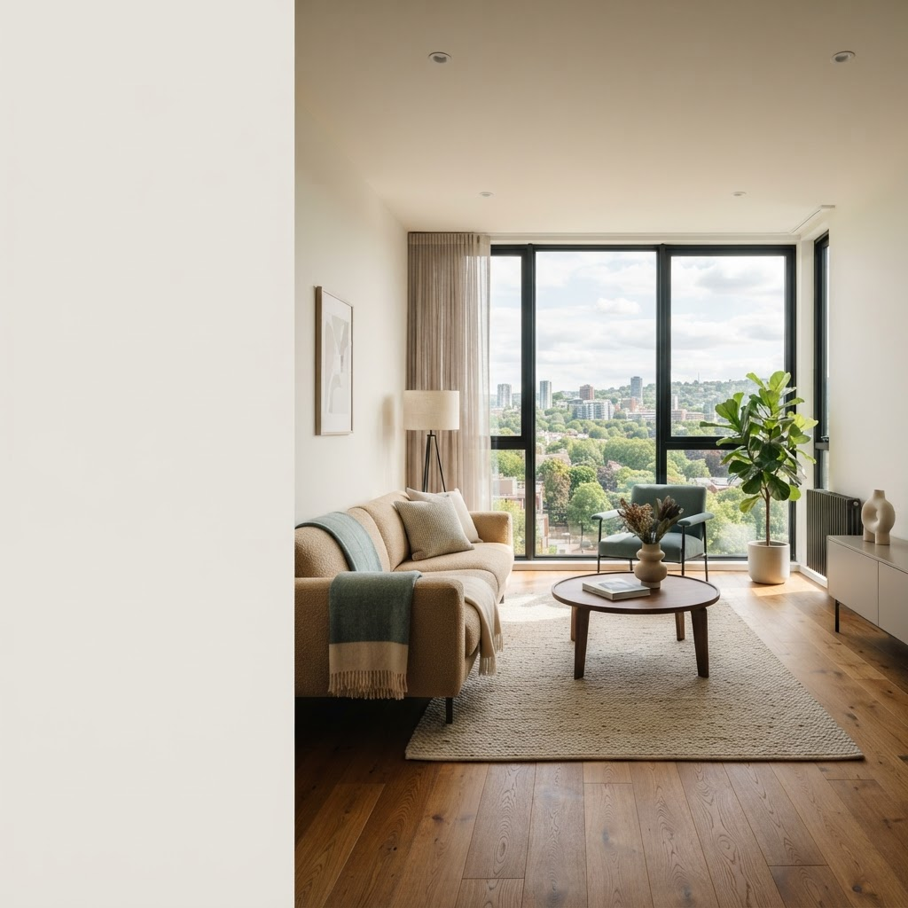 Sala de estar ampla e iluminada de apartamento moderno com vista para a cidade