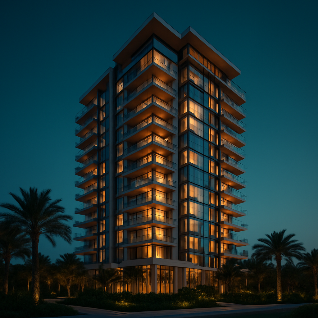 Fachada iluminada de um empreendimento residencial de alto padrão ao anoitecer
